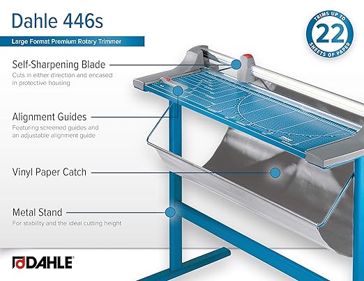 Dahle 446s Premium Rotary Trimmer w/Stand, 36" Cut Length, 25 Sheet Capacity, Self-Sharpening, Automatic Clamp, German Engineered Paper Cutter
