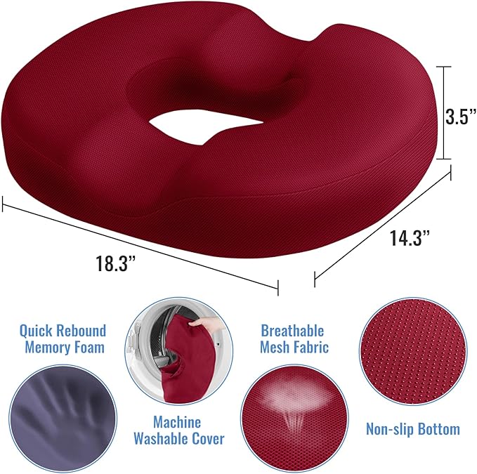 CloudBliss Donut Pillow Seat Cushion Chair Pad for Tailbone Pain Relief and Hemorrhoids, Memory Foam Seat Chair Cushion for Men and Women for Home & Office, (Red-XL)