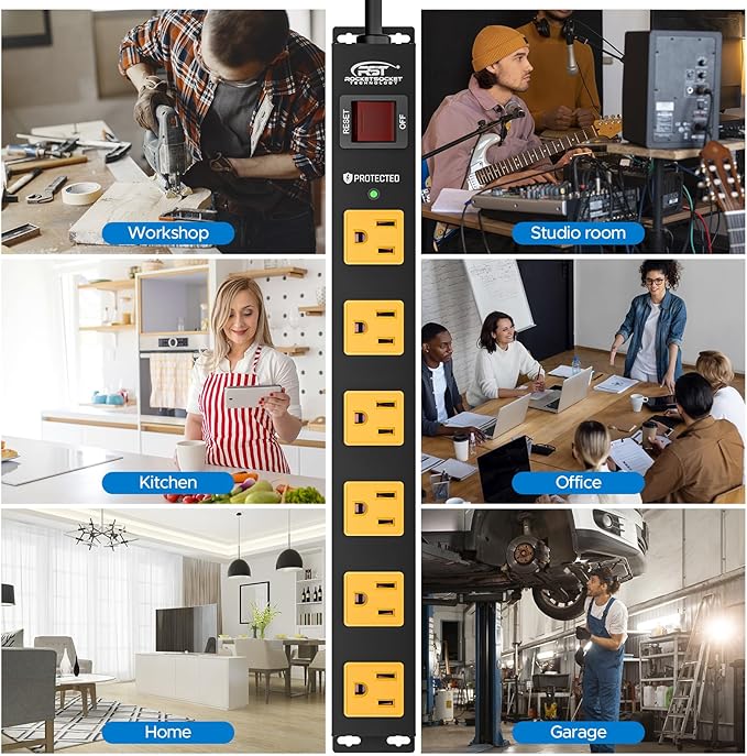 CRST 6 Outlet Surge Protector Power Strip 2100J with Switch, 15A/1875W Metal Heavy Duty Power Strip, Wide Spaced Wall Mount Power Bar for Garage Worshop Home School, 6 FT Cord（ Black+Yellow）