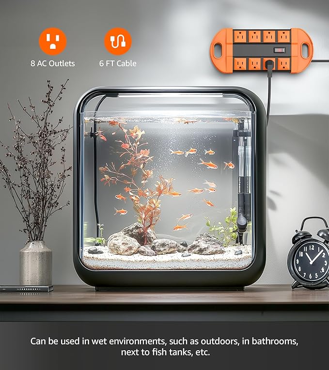 CCCEI Outdoor Power Strip Weatherproof with 8 Plug, Waterproof Extension Cord with Multiple Outlets, Christmas Exterior Garden Yard Surge Protector 6FT, Orange.