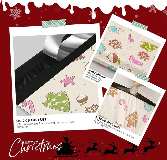 Christmas Poly Mailer 10x13 Inch 100 Pcs, Waterproof Shipping Bags for Clothing, Tear-Resistant Mailier Bags, Strong Mailing Bags with Self-Seal - Christmas Elements Printed