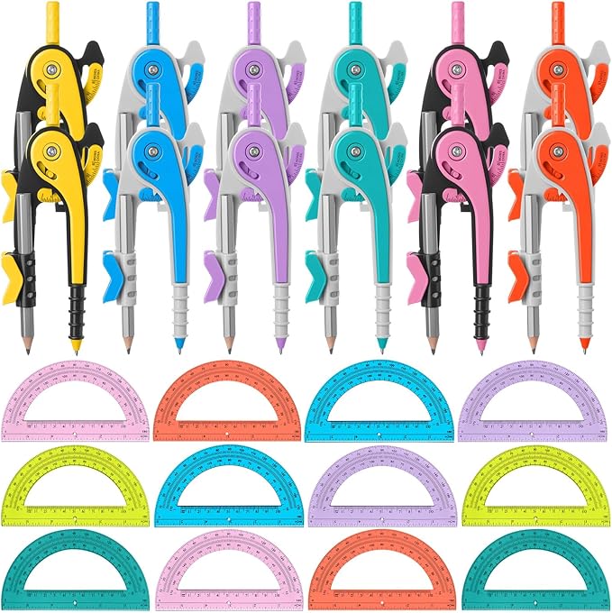 Chengu 12 Set Compass and Protractor Set, Multicolor Compass Geometry Tool 6 Inch 180 Degree Translucent Protractors for Geometry, Math Graphing Drawing Tools for Office and School Supplies