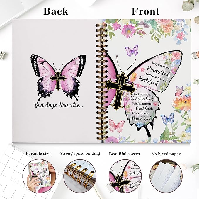 Bible Notebook, A5 Spiral Christian Journal with Floral Pink Butterfly Notebook, Bible Verse-God Says You Are, Inspirational Notebooks for Women, Bible Study, Gift for Birthday Christmas