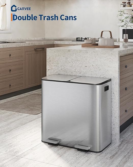 GarveeHome 2 x 10.6 Gallon Stainless Steel Double Trash Can with Lid for Kitchen, Large Dual Trash and Recycle Bin Combo, Step-on Kitchen Metal Garbage Cans, PP Inner Buckets, Liner Rim, Silver