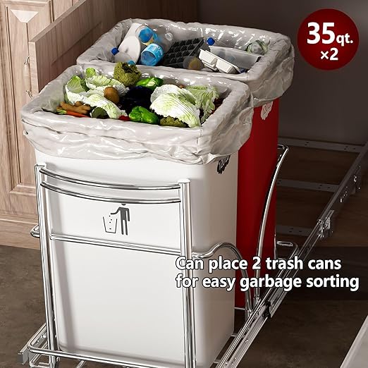 Dual Under Sink Trash Can Heavy Duty Pull Out Trash Can Under Cabinet, Fits 2x35Qt (7-9 Gal) Commercial Trash Cans Cabinet Trash Bin Pull Out Kit Requires ≥ 22''Dx 16''Wx 17''H, No Can (Silver)