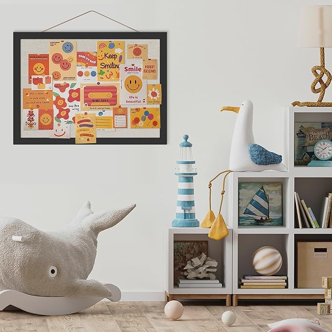 Cork Board Bulletin Board 16.7" x 11", 2-Pack Small Linen Corkboards with Frame for Walls, Cute Picture Display Pin Board Vision Board for Room School Office Bedroom 25 Pushpins Vintage Black