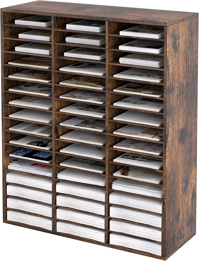 EasyPAG Mail Organizer Countertop, Wood Literature Organizer with Adjustable Shelves, Student Classroom Mailbox for School, Desktop Paper Sorter for Office Home, 48 Compartments, Archaize