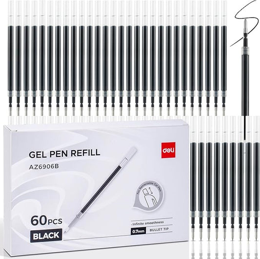 deli Gel Pen Refills, 60 Pcs Retractable Pen Refills Black Ink, Medium Point 0.7mm, Smooth Writing, Fast Dry, No Bleed for Journaling Note Taking, Home School Office Supplies