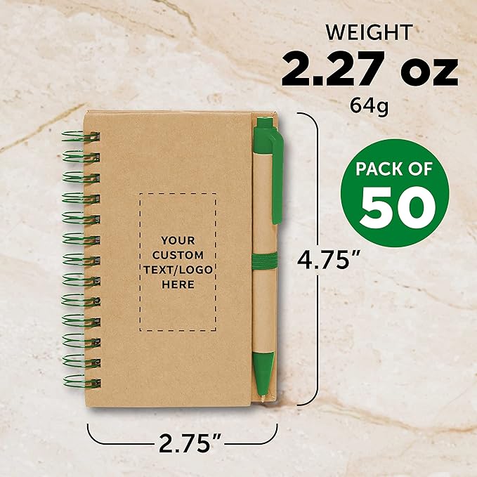 Custom Mini Spiral Notebooks with Black Ink Pens Set of 50, Personalized Bulk Pack - Perfect for School, Office, Business, Home - Green