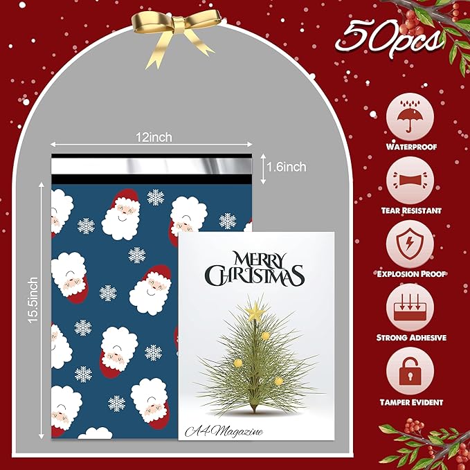 Christmas Poly Mailer - 12x15.5 Inch, 50 Pcs Waterproof Shipping Bags for Clothing, Tear-Resistant, Strong Mailing Bags with Self-Seal - Santa Claus and Snowflakes Printed