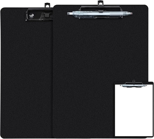 Black Clipboard with Pen Holder, 2 Pack Plastic Clipboard with Low Profile Metal Clip, Hanging Clip Boards Holds 8.5x11 Inch Papers, Standard A4 Letter Size Clip Boards for Offices & School
