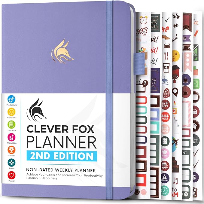 Clever Fox Planner 2nd Edition – Colorful Weekly & Monthly Goal Planner, Time Management & Productivity Organizer, Undated, A5 (Lavender)