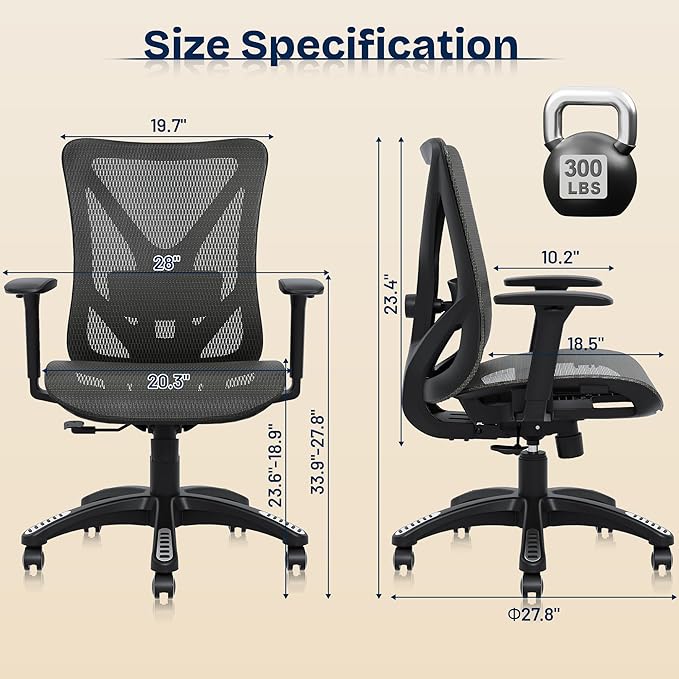 Ergonomic Office Chair, Mesh Computer Desk Chairs with Adjustable Lumbar Support, 3D Armrests, Tilt Function, Comfy Wide Seat, Swivel Executive Work Task Chair for Company and Home