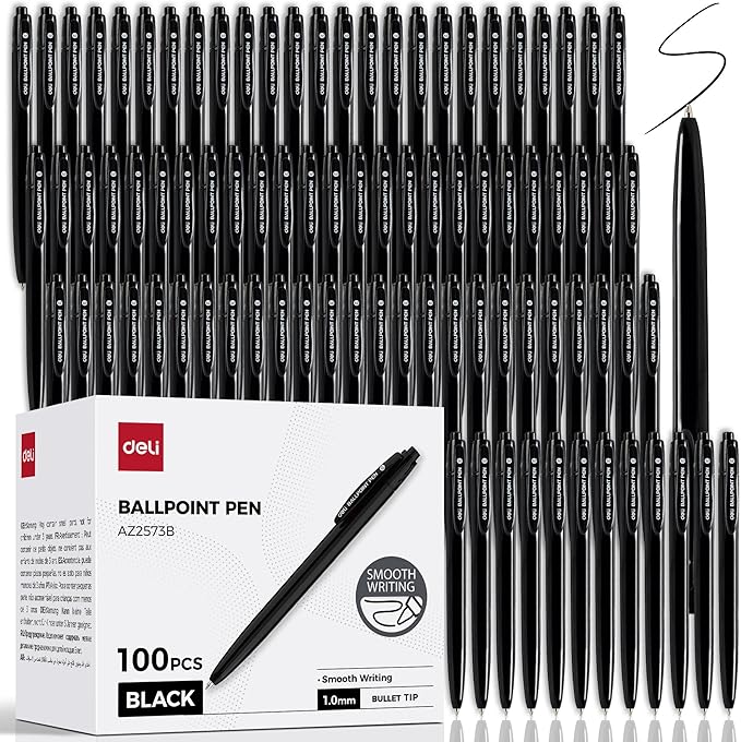 deli Pens Bulk, 100 Pack Retractable Ballpoint Pens, 1.0MM Black Ink,Smooth Writing, No Bleed, Comfortable Grip for Home,Office & School Use