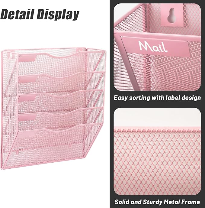 EASEPRES 5 Pocket Mesh Hanging Wall File Organizer, Wall Mounted Mail Paper Document Folder Holder, Clipboard Storage Organization Magazine Rack with Nametag Label for Office Home School, Pink