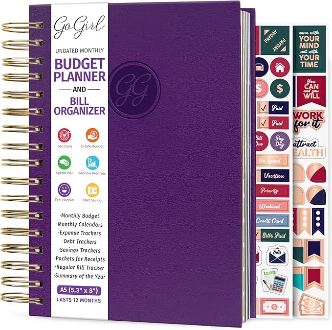GoGirl Budget Planner & Monthly Bill Organizer – Monthly Financial Book with Pockets. Expense Tracker Notebook Journal, Compact (Purple)