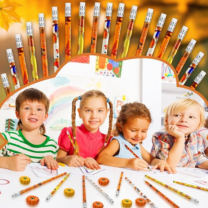Cinrobiye 60 Pieces Fall Thanksgiving Day Pencils with Pumpkin Eraser Bulk Fall Party Favors Maple Leaf Autumn Pumpkins Pencils Erasers for Harvest School Party Teacher Rewarding Supplies
