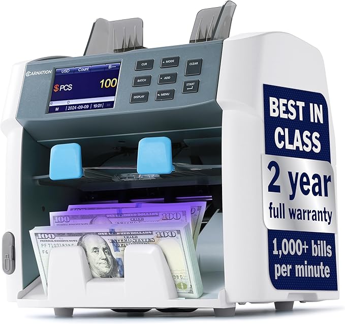 CARNATION CR1450 Multi-Currency Bill Counter and Sorter with Counterfeit Detection - Money Counter Machine with MG, IR, MT, UV & CIS Image Recognition