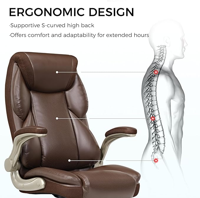 EUREKA ERGONOMIC Executive Office Chair Flip Up Arm Rest, Ergonomic Desk Chair Faux Leather Computer Chair, High Back Office Chair with Headrest, Home Office Desk Chairs with Wheels, Brown