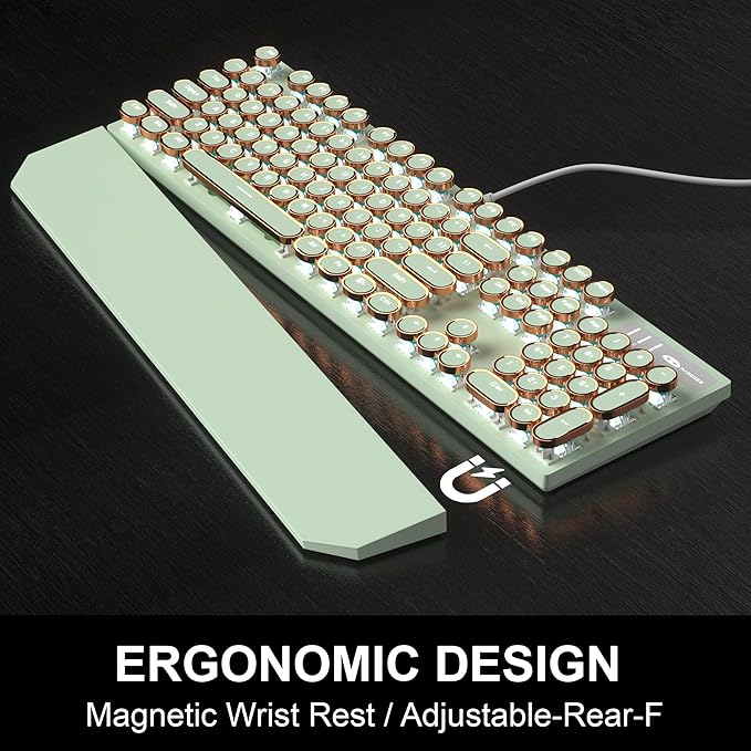 Camiysn Typewriter Style Mechanical Gaming Keyboard, Green Retro Punk Gaming Keyboard with White Backlit, 104 Keys Blue Switch Wired Cute Keyboards, Round Keycaps for Windows/Mac/PC