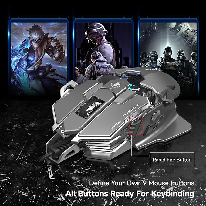 EWEADN G5 Wired Gaming Mouse, Ergonomic RGB Computer Mouse, 12800 Adjustable DPI, 9 Programmable Macro Buttons with Rapid Fire Key Compatible for PC/Laptop/Windows-Grey&White