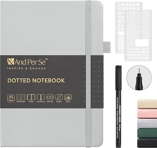&And Per Se Bullet Dotted Journal Notebook, A5 Leather Hardcover, 176 Numbered Pages 100GSM Thick Dotted Paper, 2 Sheets of Stencils Included - 5.7'' x 8'' (Grey)