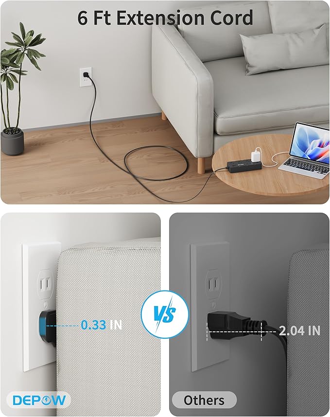 Black 2 Prong Power Strip, 2 to 3 Prong Outlet Adapter with 8 AC & 4 USB Ports (2 USB C), 6 FT Extension Cord, 1700J Two Prong Surge Protector, Wall Mountable, Ideal for Old House