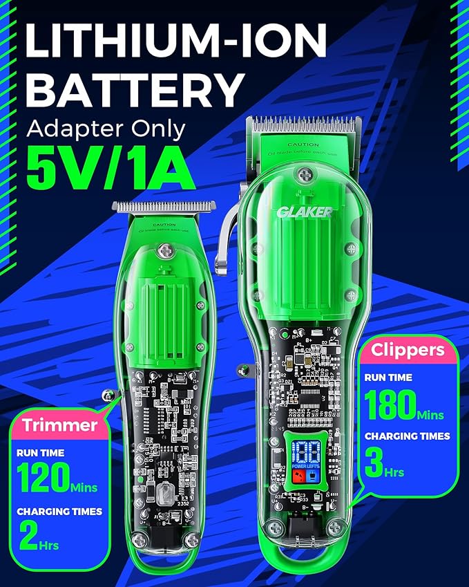 GLAKER Hair Clippers for Men Professional - Cordless Clippers and Trimmers Set, Complete Barber Kit for Hair Trimming & Beard Grooming, Mens Haircutting Kits for Blending & Fade Cuts (Green)