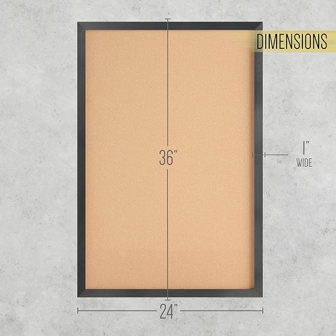 HBCY Creations Wall Mount Black Cork Board - 24" W x 36" H - 6 Wooden Push Pins - Solid Pine Wood Frame - for Kitchen, Classrooms, Restaurant Menus and More!