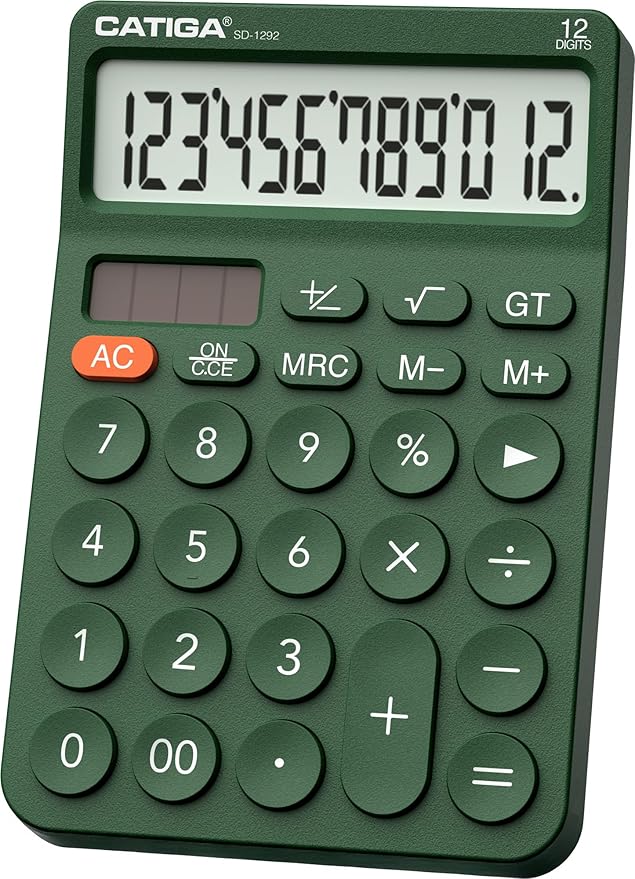 CATIGA 12 Digit Desktop Calculator Basic Desk Calculator with Large LCD Display, Big Buttons, 4 Function, Solar and Battery Dual Power, for Office, School, Home, SD-1292 Green