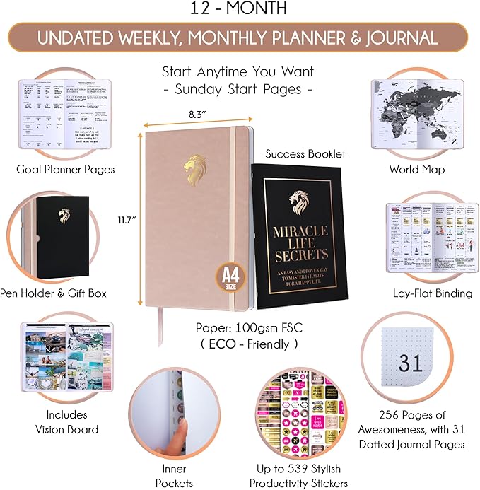Hourly Planner - Undated Daily, Weekly & Monthly Planner with Budget Section | A 12 Month Journey to Increase Productivity & Happiness | Life Organizer & Gratitude Journal - Vertical Format