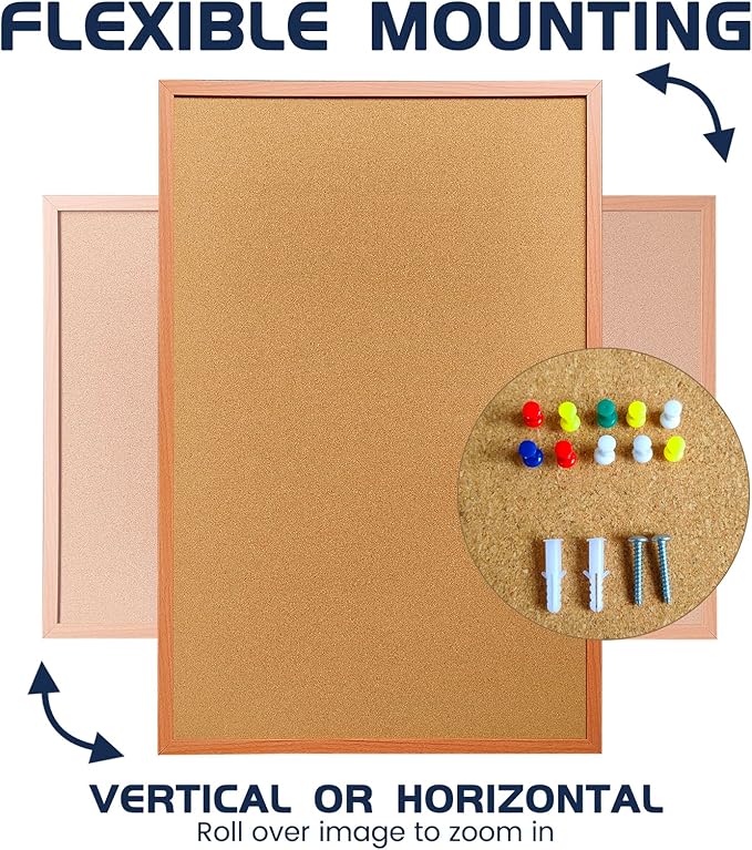 Cork Bulletin Board for Wall - 24” x 18” Bulletin Board Cork Board Wall Mounted Wood Frame Message Board pin Board for School,Office and Home