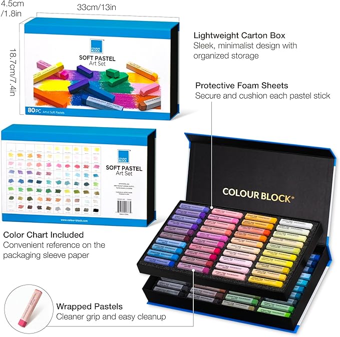 COLOUR BLOCK 80pc Soft Pastels for Artists I Color Chalk Pastels Set, Coloring Charcoal Sticks, Drawing Art Supplies for Adults, Beginners, Kids