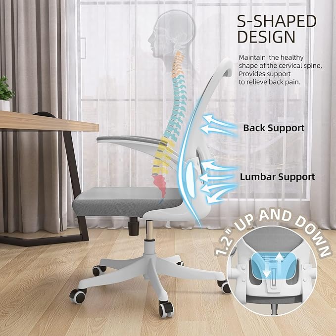 Ergonomic Office Chair, High-Back Mesh Computer Desk Chair with Adjustable Height, Lumbar Support, Flip-Up Armrests,headrest，and Swivel Rolling Design for Home and Office Use