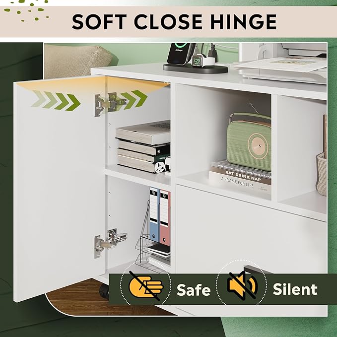 DEVAISE File Cabinet with Charging Station, 1-Drawer Lateral File Cabinets with Lock for Home Office, Wooden Rolling Printer Stand with Shelves, White