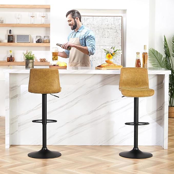 HeuGah Swivel Bar Stools Set of 2, Adjustable Counter Height Barstools with Back, Brown Faux Leather Bar Chairs for Kitchen Island (Whiskey Brown, Set of 2 (24'' to 32''))