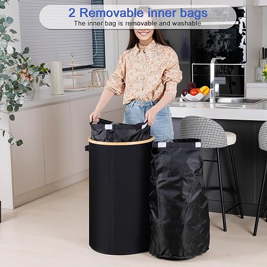 efluky Recycling Bin for Kitchen 100L, 26 Gallon Recycle Bins for Indoor Outdoor Home Use with 2 Removeable and Reusable Inner Bags, Tall Recycle bin for Bottle Can Plastice Stickers (Black)