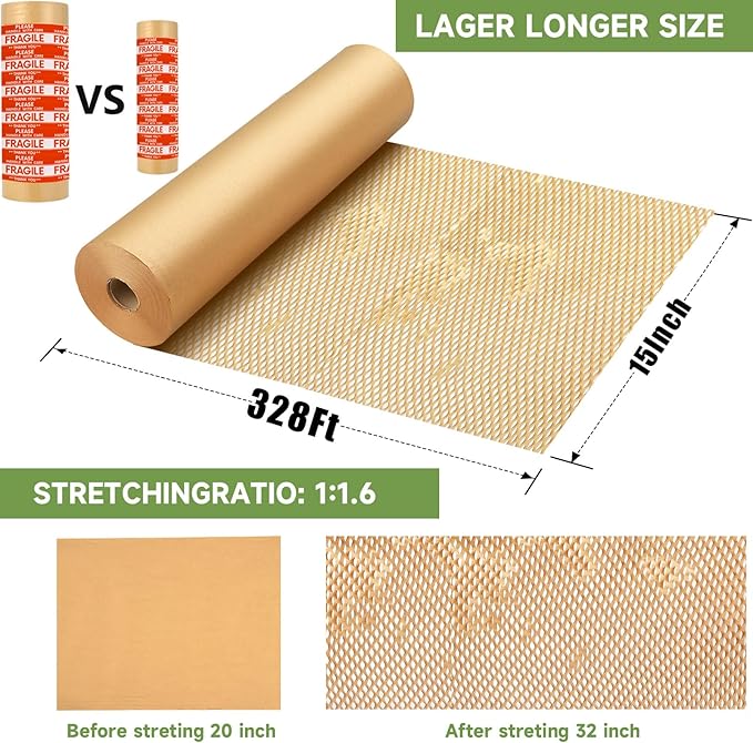 Honeycomb Packing Paper Wrap 15''x328', Substitute Alternative for Bubble Cushioning Wrap for Moving Shipping Packaging, Recyclable Moving Supplies with 48 Fragile Sticker Labels