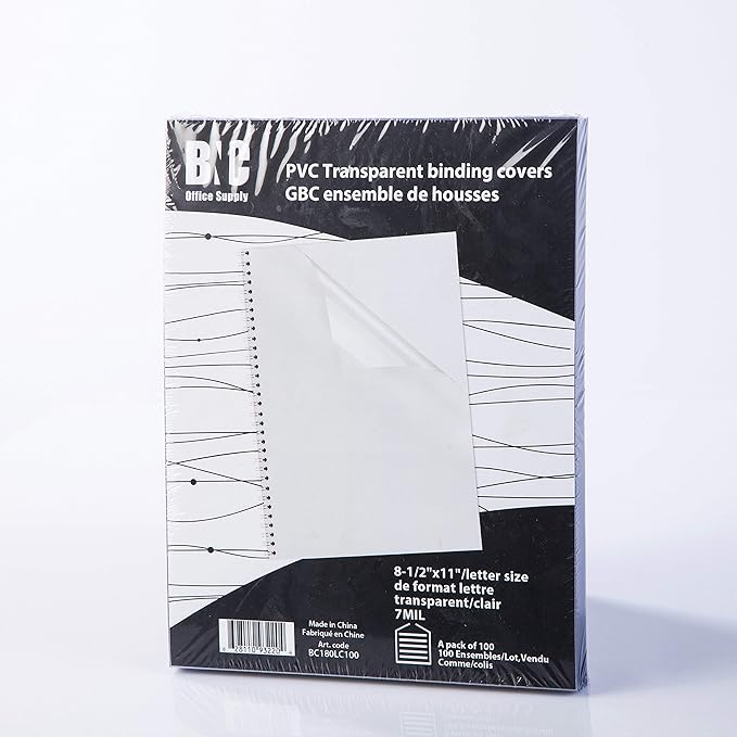 BNC 7 Mil 8-1/2 x 11 Inches, Letter Size PVC Binding Covers - Pack of 100, Clear