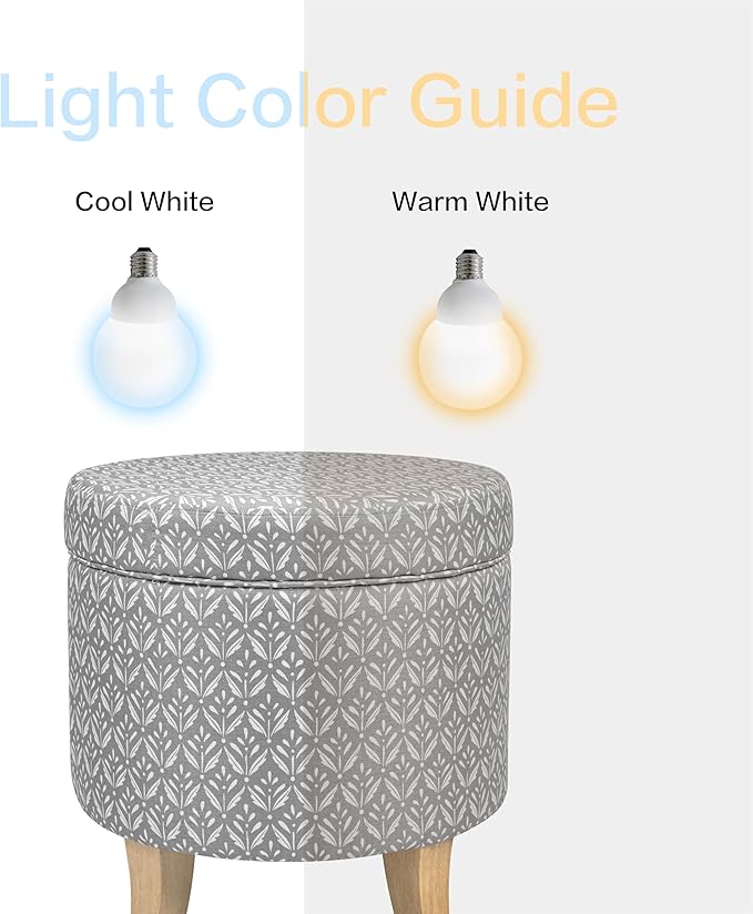 HomePop Upholstered Round Storage Ottoman|Homepop Home Décor|Upholstered Round Foot Rest Ottoman - Light Grey Print