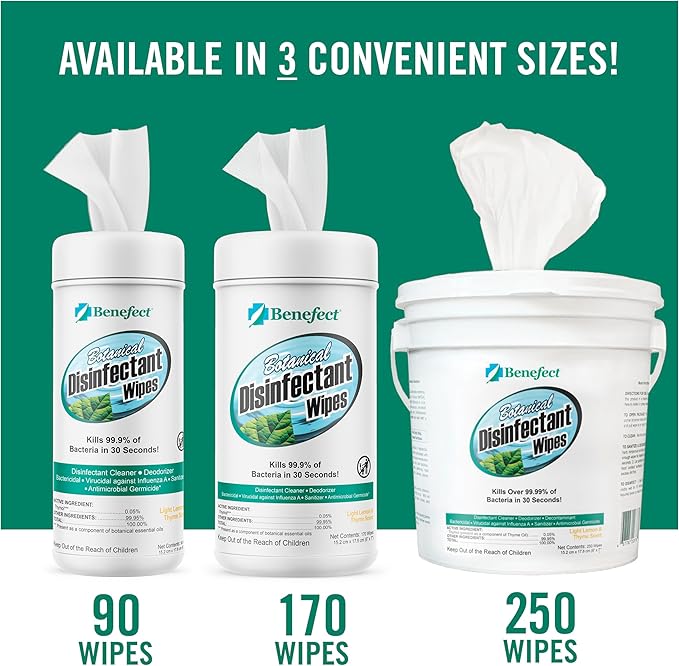 Benefect Botanical Disinfecting Wipes - (170 Wipe Count) Natural, No Residue - Antibacterial Disinfectant, Multi-Surface Cleaning and Sanitizing Wipes