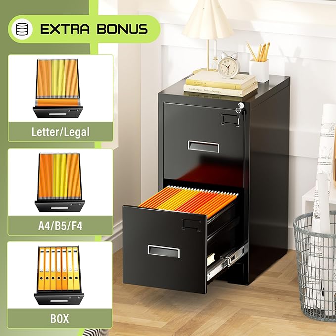 Crownland Lateral File Cabinet with 2 Drawers, 15" W Metal Lockable Office File Cabinets for Home Office- Stores Letter/Legal/A4/F4 Files(Black)