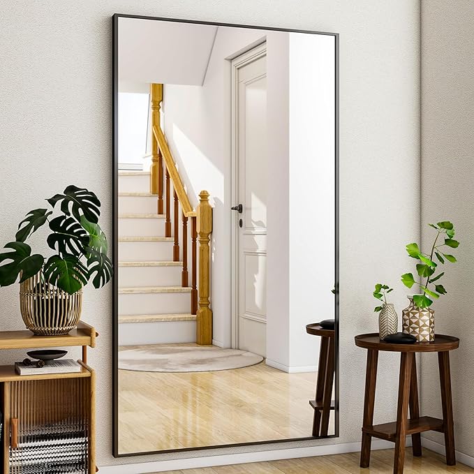 Full Length Mirror with Stand - 38"x77" Full Body Mirror for Floor, Wall Hanging or Leaning - Aluminum Alloy Frame for Living Room, Bedroom, Cloakroom - Black