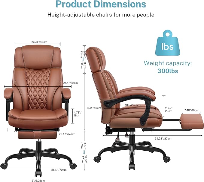 Executive Leather Office Chair, Big and Tall Office Chair with Footrest Home Office Desk Chairs, Ergonomic Computer Desk Chair with Lumbar Support, Reclining Office Chairs with Adjustable Angle