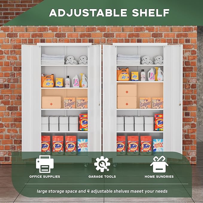 Greenvelly 73" Metal Storage Cabinet with Wheel and Pegboard, Lockable White Metal Garage Cabinets with 2 Doors and 4 Adjustable Shelves, Rolling Steel Tool Cabinet for Garage, Home Office, School