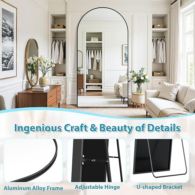 Full Length Mirror, 72"x44" Oversized Floor Mirror Freestanding, Full Body Mirror Floor Standing Mirrors with Stand, Hanging Mounted Mirrors for Bedroom Living Room, Black, Arched Style