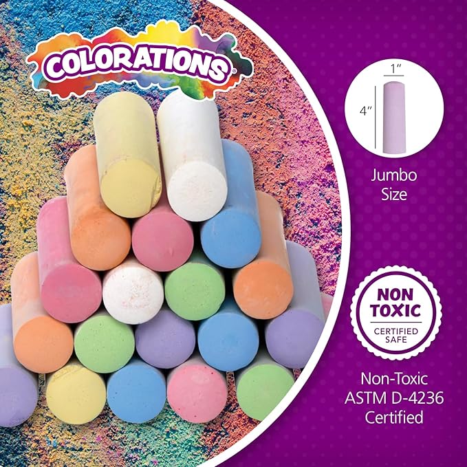 Colorations Sidewalk Chalk – 50pc 4” x 1” Washable, Bright Colored Chalk Set – Fun Kid Art Colors & Patterns – Draw on Classroom Chalkboard or Outdoor Playground – Jumbo Bulk