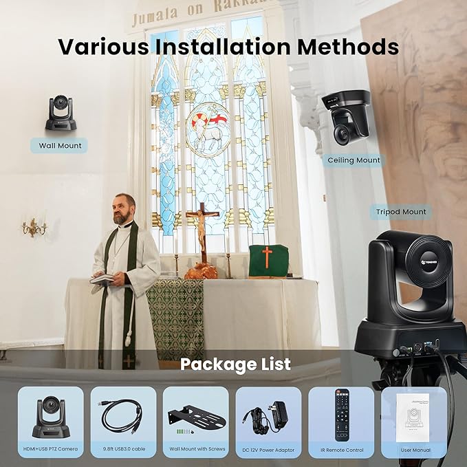 Conference Room PTZ Camera System with 20X Optical Zoom | 1080P 60fps HDMI USB Webcam for Church Streaming Online Video Conference| Compatible with Zoom, OBS | Easy Setup