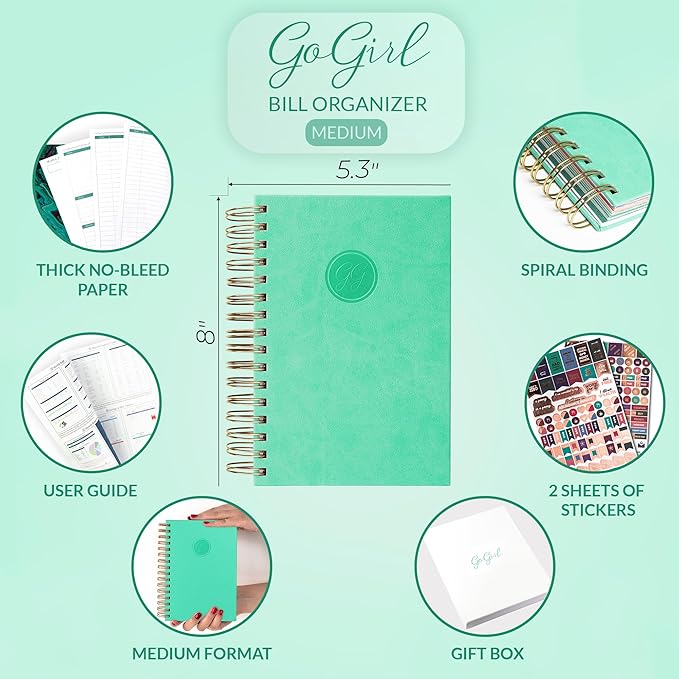 GoGirl Budget Planner & Monthly Bill Organizer – Monthly Financial Book with Pockets. Expense Tracker Notebook Journal, Compact (Mint Green)
