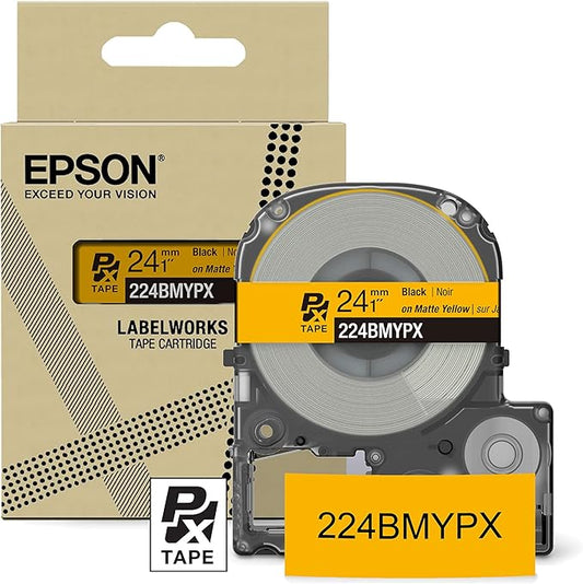 Epson LABELWORKS 224BMYPX Genuine PET (Polyester) Tape Cartridge - Black on Matte Yellow Designer Craft Label Maker Tape - 1" (24MM) Wide, 26'